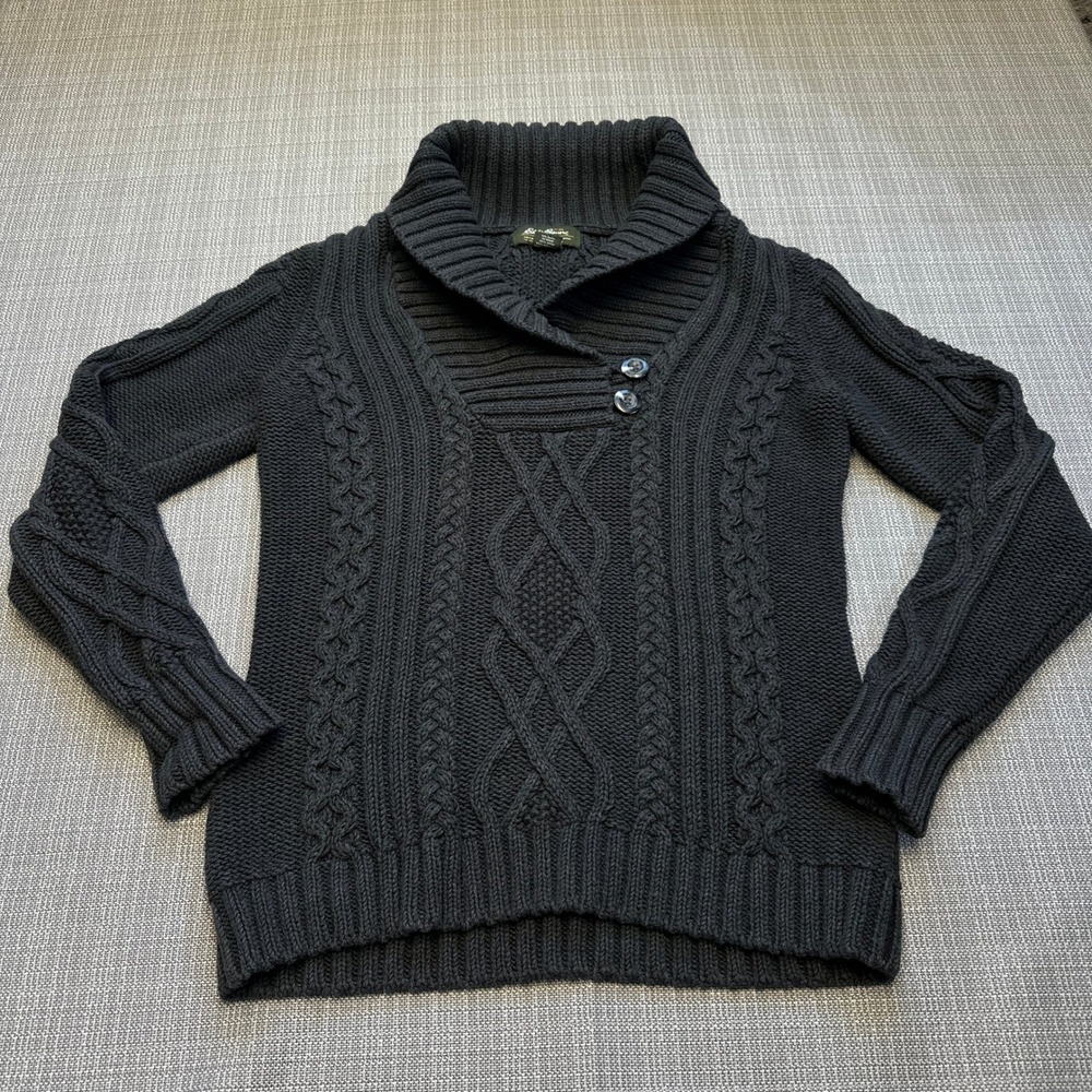 Black Cable Knit Sweater Mens Medium Shawl Collar Button Pullover Fisherman